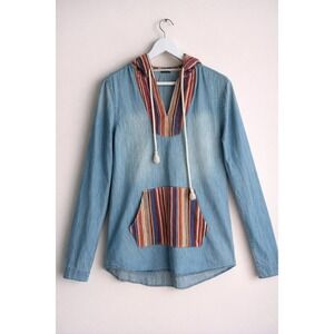 Empyre Denim Baja Hoodie Pullover Chambray Striped Pocket Boho Women's Size S